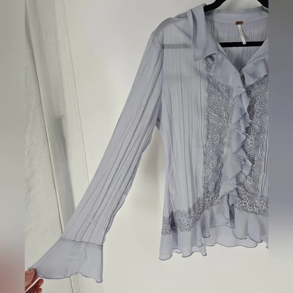 Free People Light Blue Chambray Sky Bad at Love Blouse L